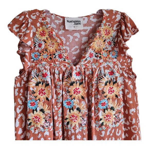 SAVANNA JANE Women's S Embroidered Top Animal Print Floral Multicolor V-Neck 34" - Picture 2 of 7